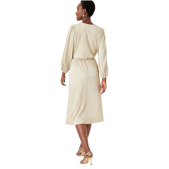 Ann Taylor | NWT | Metallic Pleated Faux Wrap Dress | XSP Petite - Picture 2 of 11